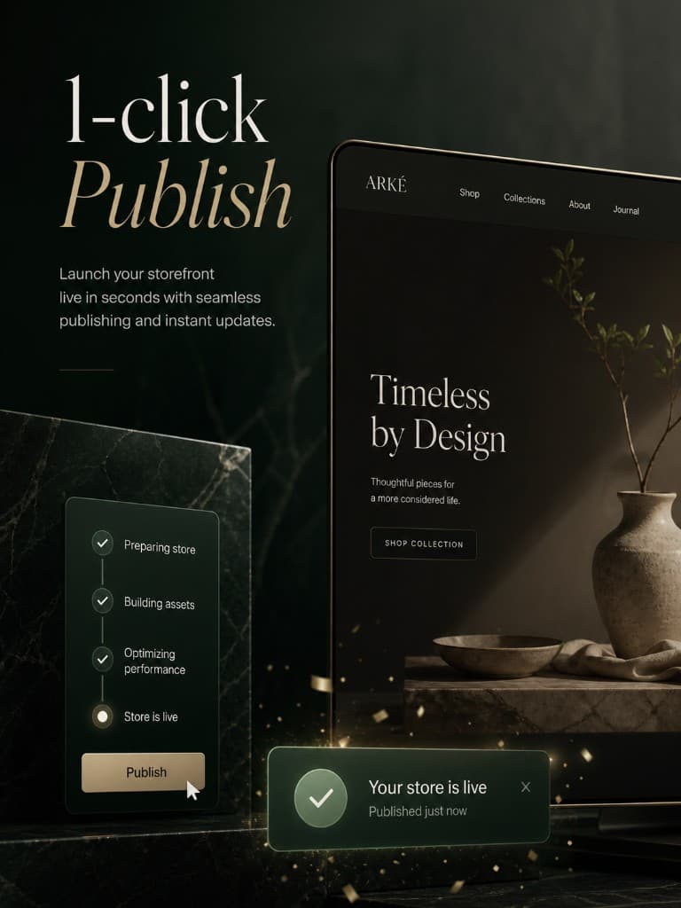 One-click publish flow in Arkezone AI ecommerce website builder pushing a storefront live