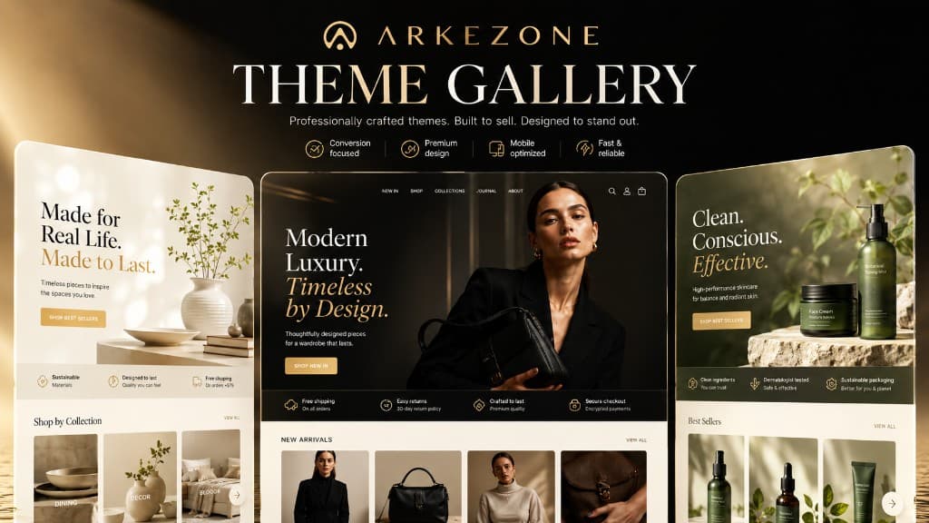 Arkezone theme gallery showing professionally crafted storefront designs built to sell