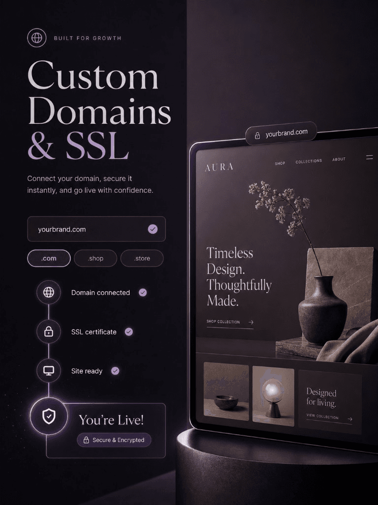 Marketing composite emphasizing custom domains and SSL readiness (until raw DNS UI capture ships)