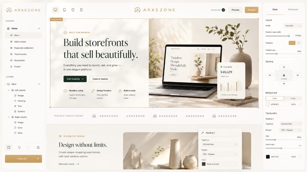 Arkezone visual store builder canvas with live storefront preview and style controls