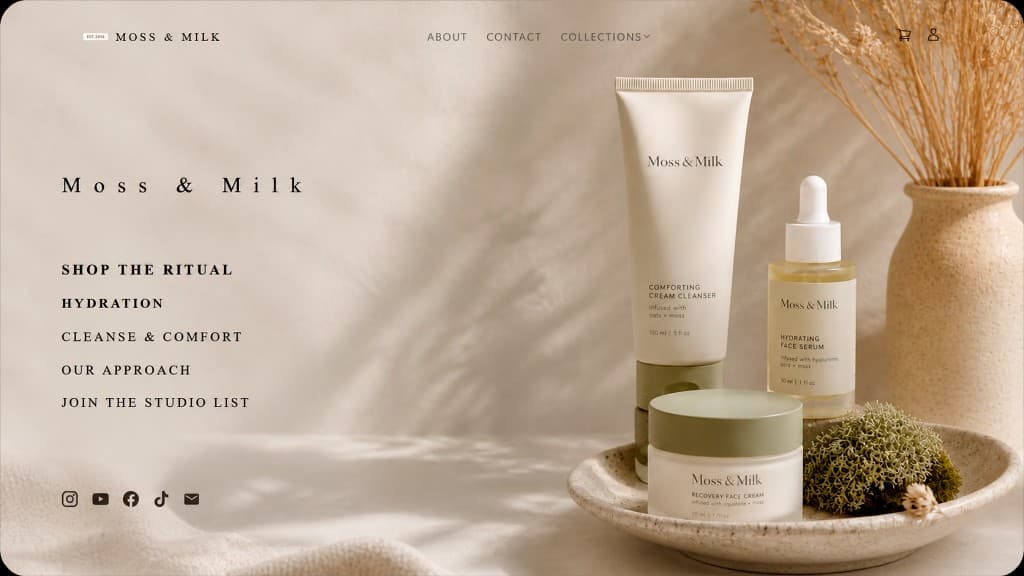 Moss and Milk lifestyle store showcase built with Arkezone AI ecommerce website builder