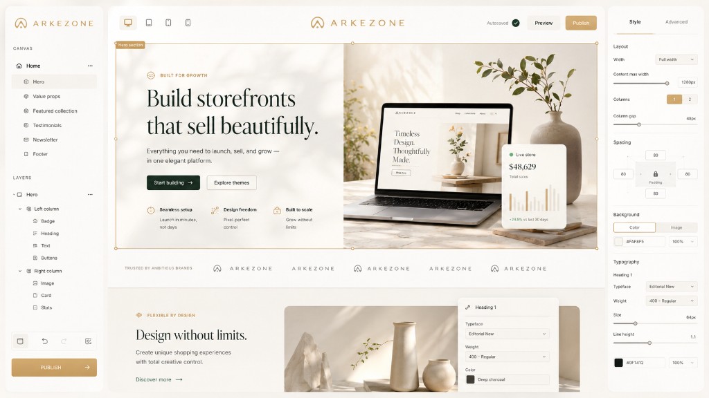Arkezone visual store builder with live canvas, section tree, and style inspector