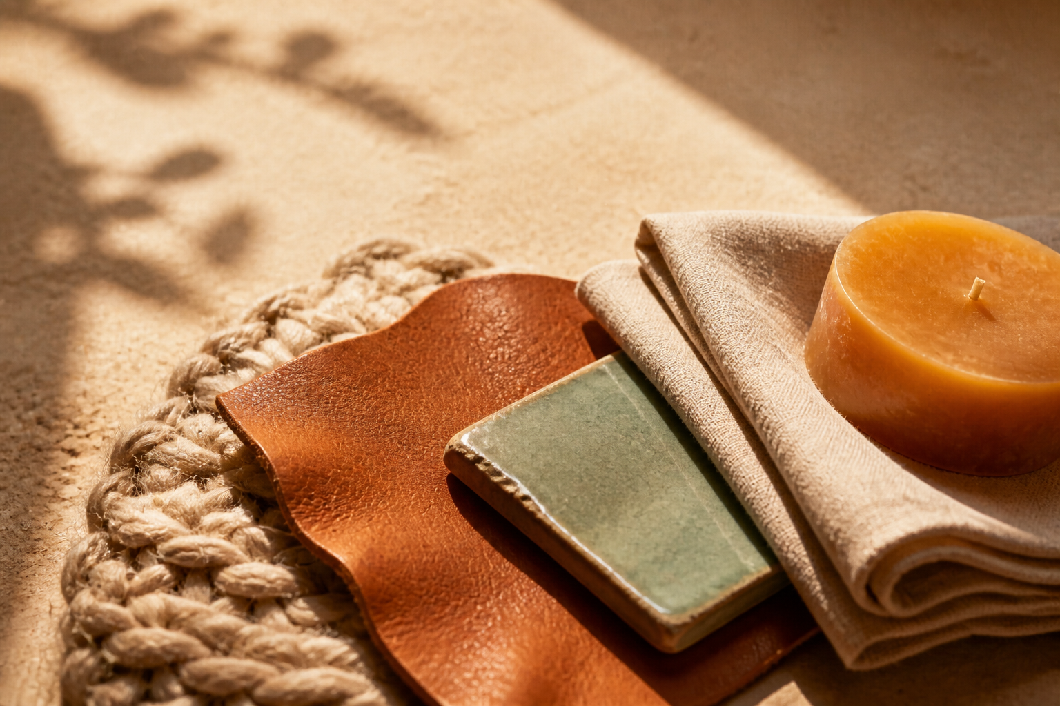 Arc of product material swatches — knit, caramel leather, glazed ceramic, linen and a wax candle in warm light