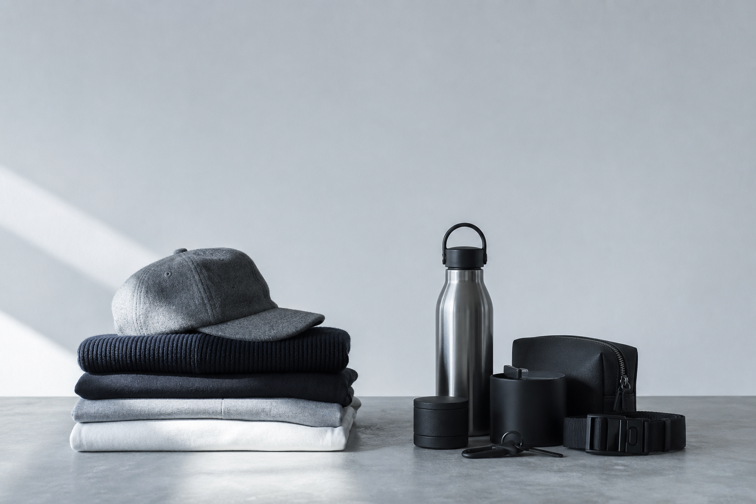 Cool minimalist studio with two curated product groupings on pale concrete