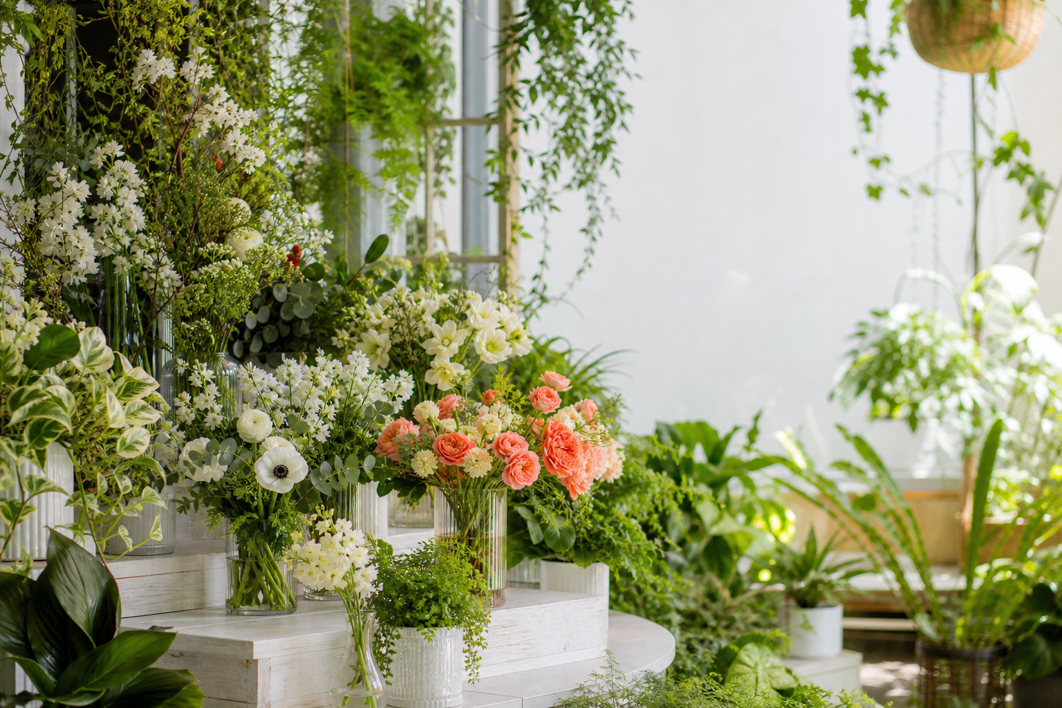 Lush florist shop with fresh blooms and foliage on tiered white stands in bright daylight