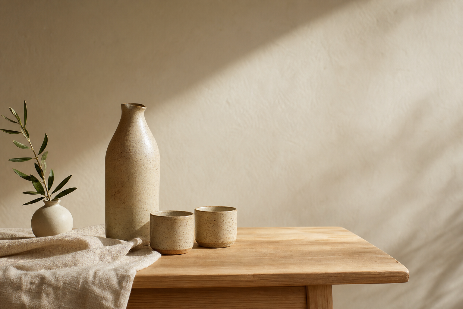 Uncluttered cream studio table with a single hand-thrown ceramic carafe and cups in soft light