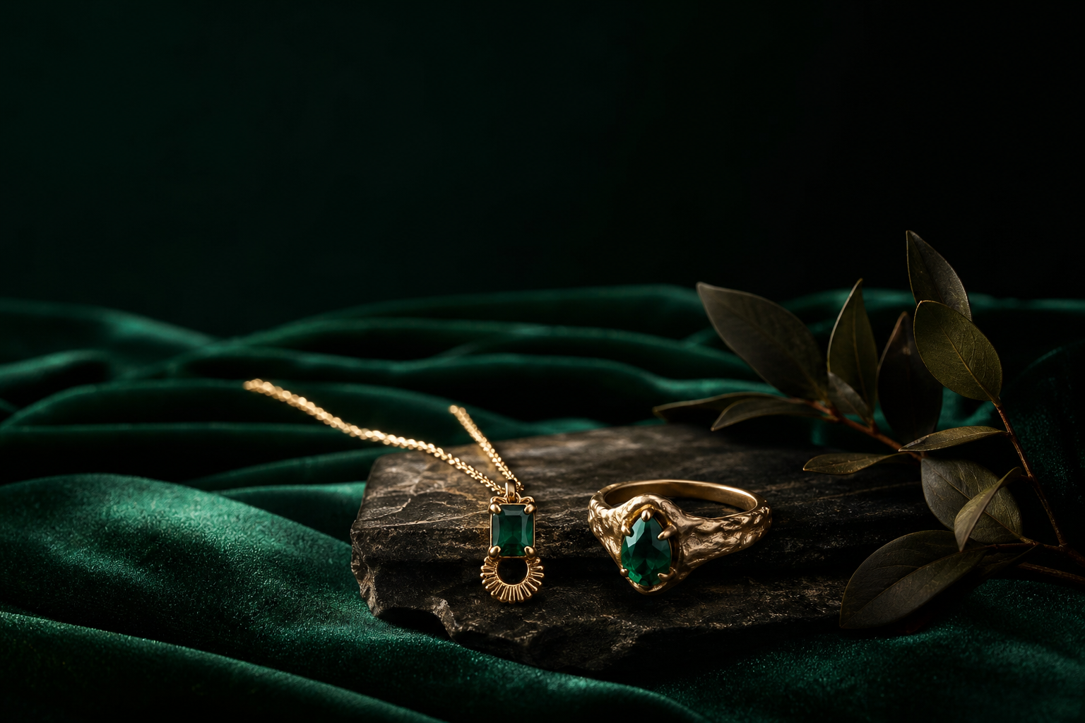 Moody emerald-velvet still life with handmade gold jewelry on dark stone