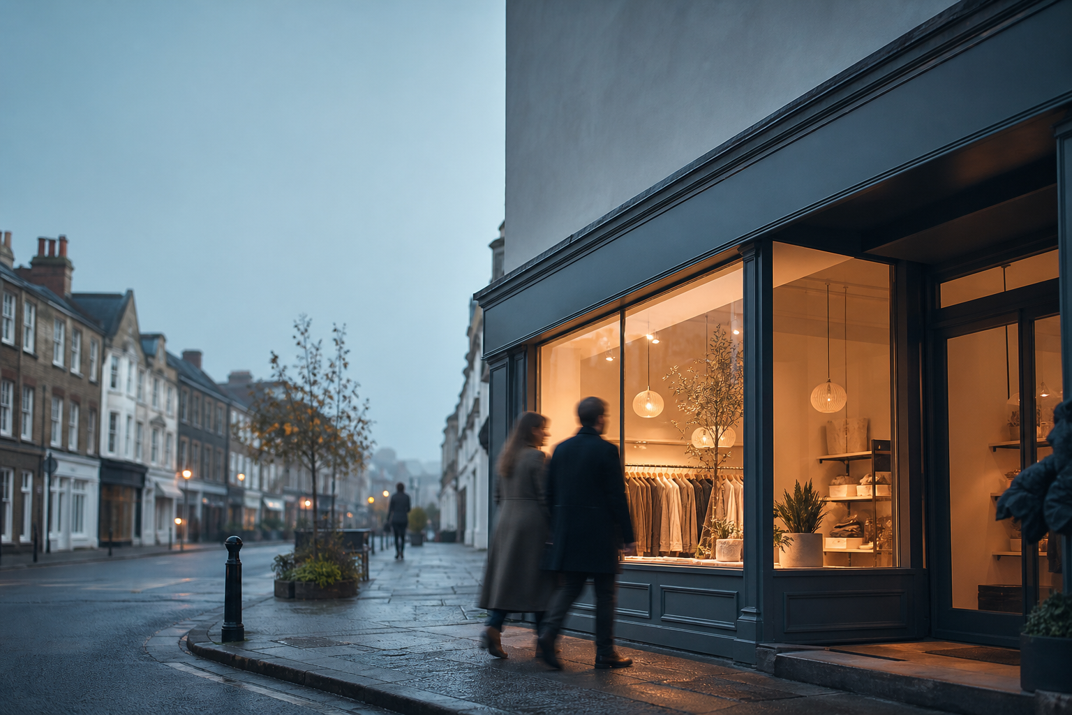 Early-morning city street where passersby are drawn to a warm-lit independent boutique window