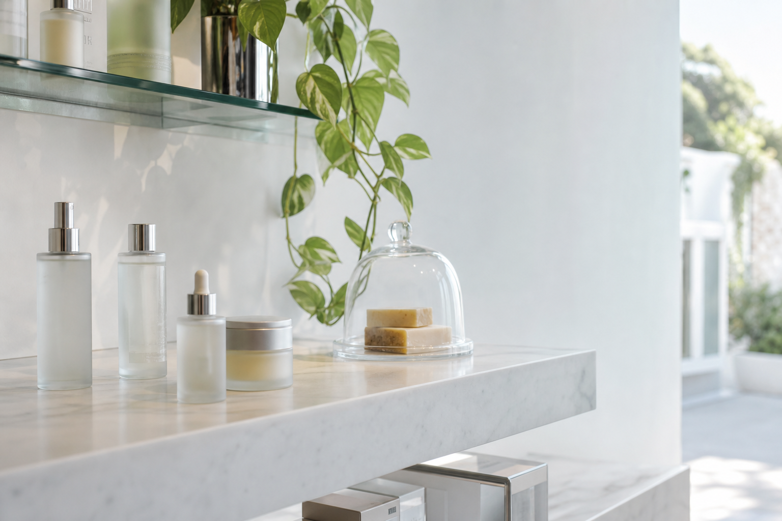 Bright minimalist beauty boutique shelf with frosted-glass bottles and soap on white marble